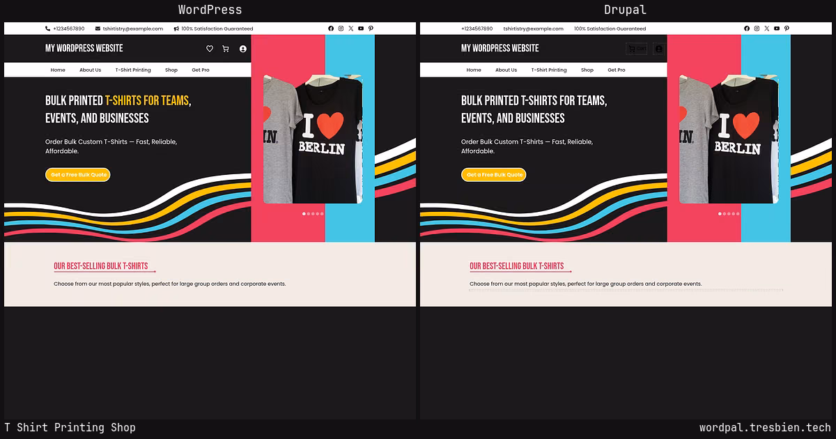 T Shirt Printing Shop home page: WordPress original on the left, Drupal conversion by WordPal on the right. 21 elements differ.