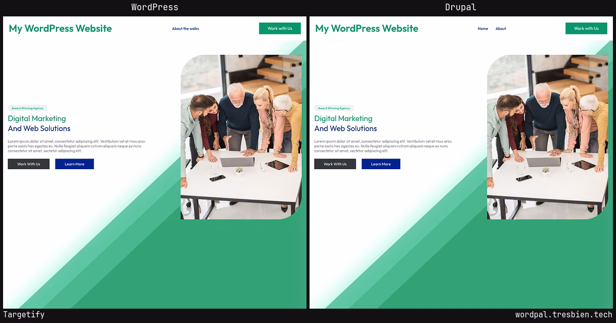 Targetify home page: WordPress original on the left, Drupal conversion by WordPal on the right. 10 elements differ.