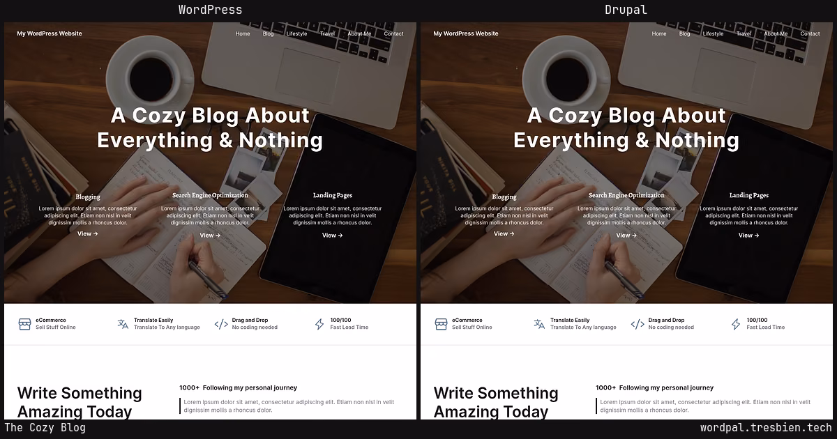 The Cozy Blog home page: WordPress original on the left, Drupal conversion by WordPal on the right.