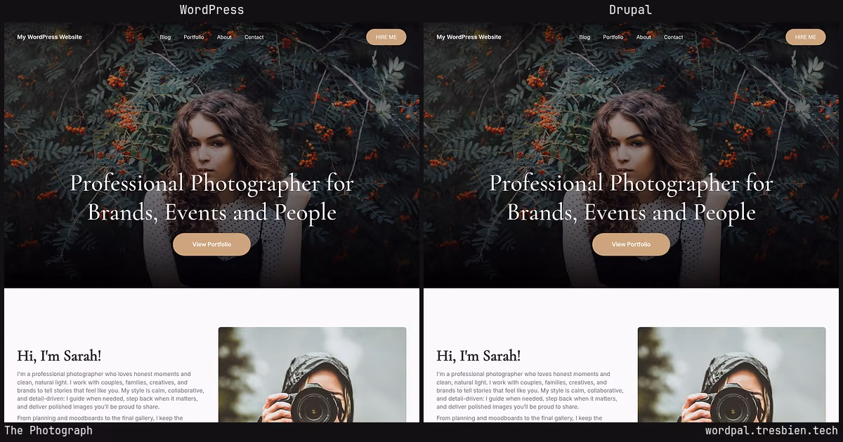 The Photograph home page: WordPress original on the left, Drupal conversion by WordPal on the right.
