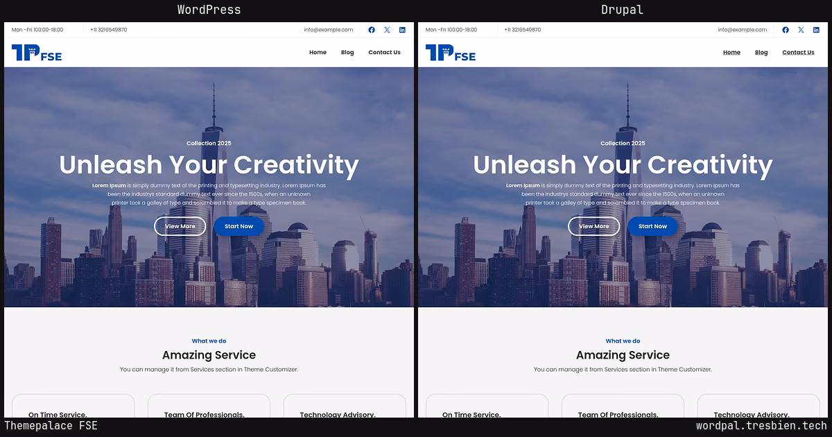 Themepalace FSE home page: WordPress original on the left, Drupal conversion by WordPal on the right. 6 elements differ.