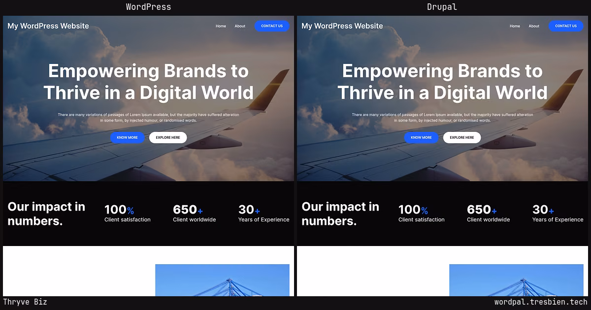 Thryve Biz home page: WordPress original on the left, Drupal conversion by WordPal on the right. 20 elements differ.