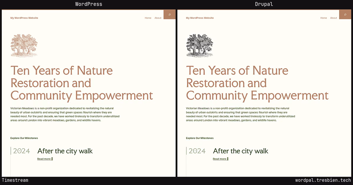 Timestream home page: WordPress original on the left, Drupal conversion by WordPal on the right. 4 elements differ.