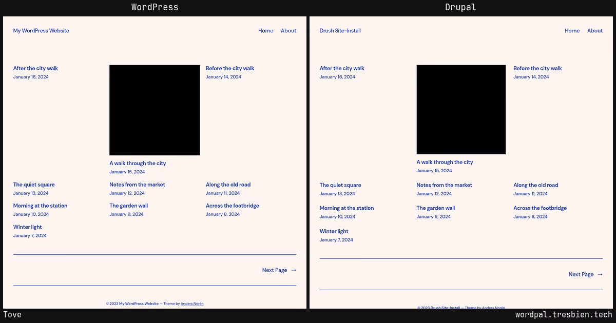 Tove home page: WordPress original on the left, Drupal conversion by WordPal on the right. 1 elements differ.