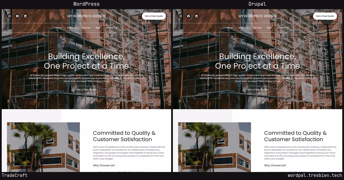 TradeCraft home page: WordPress original on the left, Drupal conversion by WordPal on the right. 1 elements differ.