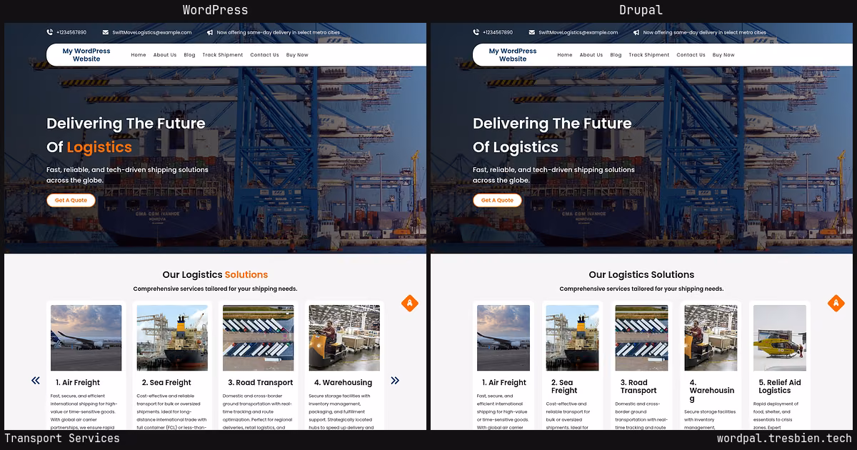 Transport Services home page: WordPress original on the left, Drupal conversion by WordPal on the right. 12 elements differ.