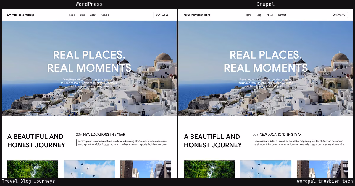 Travel Blog Journeys home page: WordPress original on the left, Drupal conversion by WordPal on the right.
