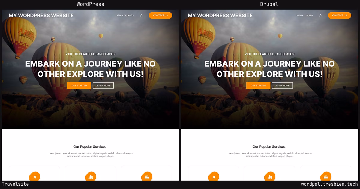 Travelsite home page: WordPress original on the left, Drupal conversion by WordPal on the right. 1 elements differ.