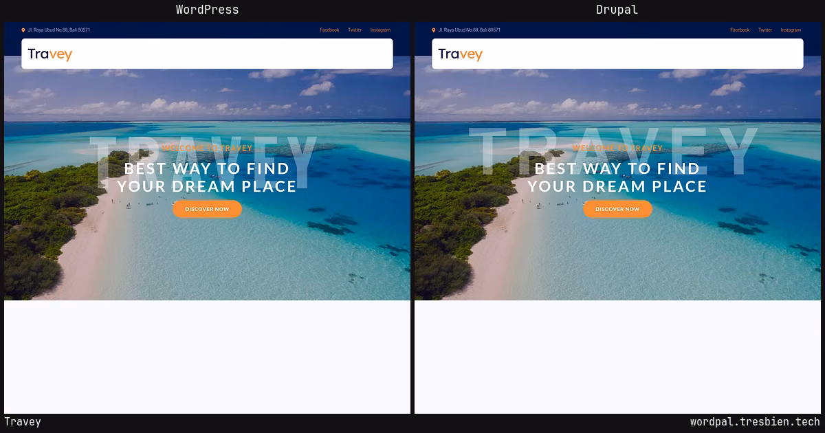 Travey home page: WordPress original on the left, Drupal conversion by WordPal on the right. 17 elements differ.