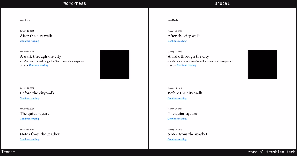 Tronar home page: WordPress original on the left, Drupal conversion by WordPal on the right. 8 elements differ.