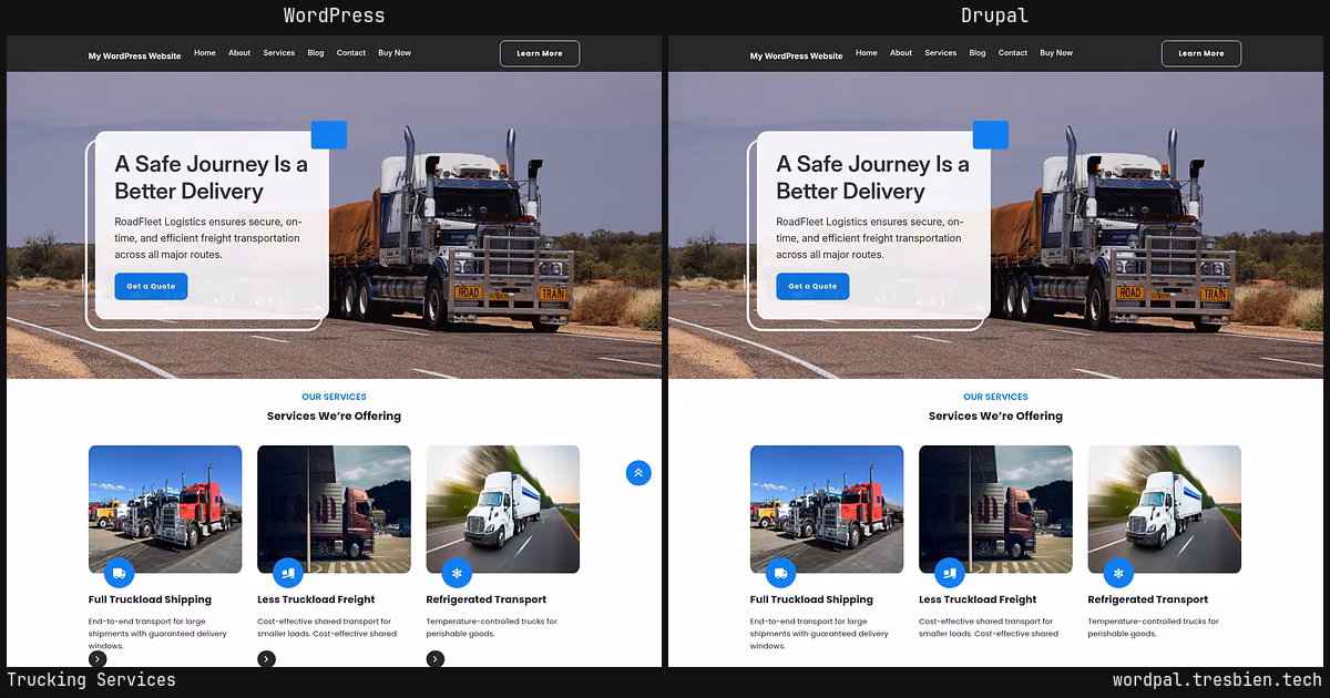 Trucking Services home page: WordPress original on the left, Drupal conversion by WordPal on the right. 18 elements differ.