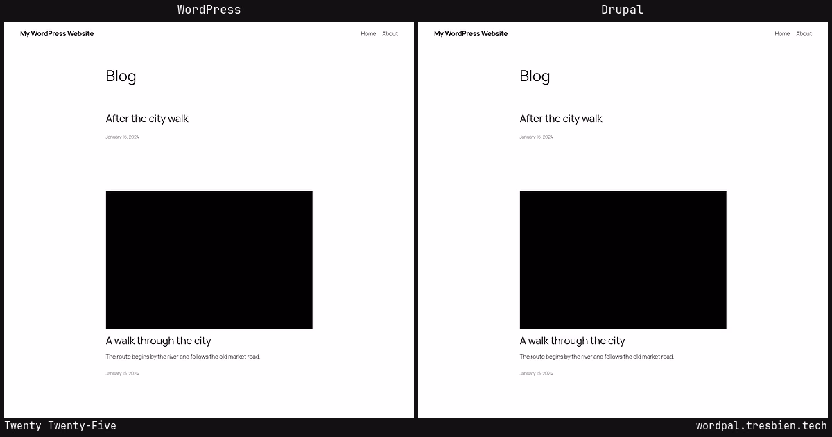 Twenty Twenty-Five home page: WordPress original on the left, Drupal conversion by WordPal on the right.
