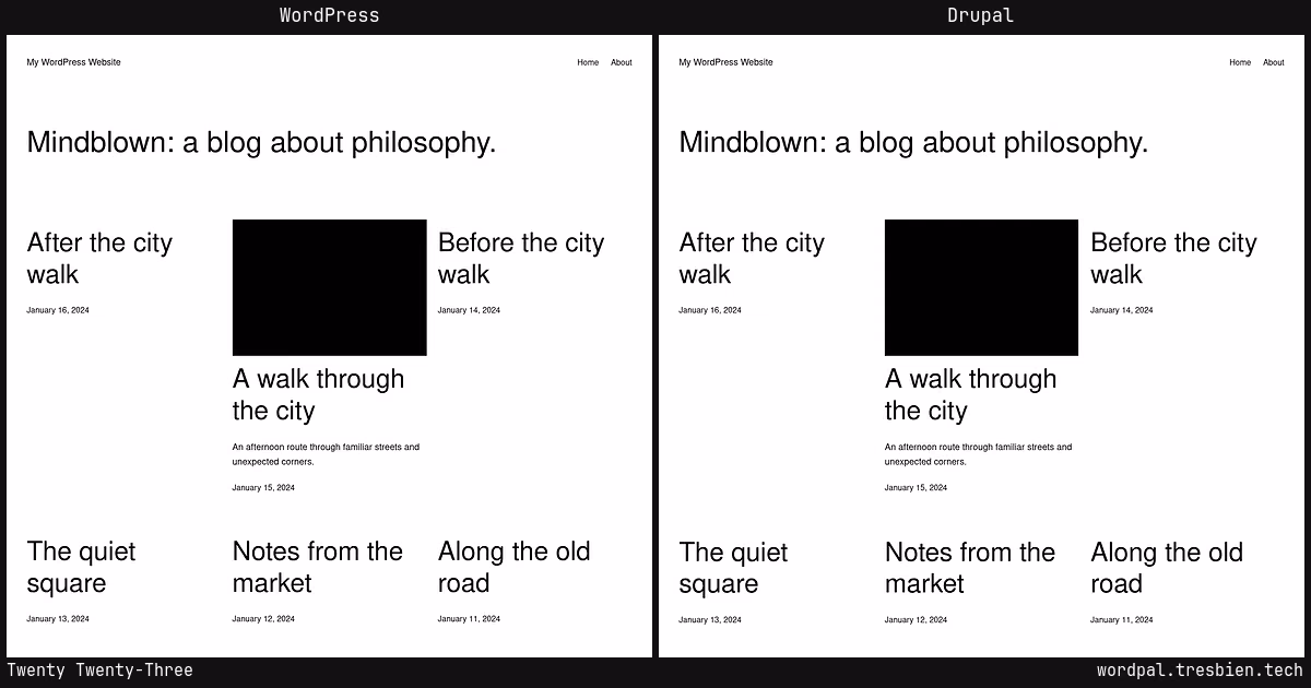 Twenty Twenty-Three home page: WordPress original on the left, Drupal conversion by WordPal on the right.