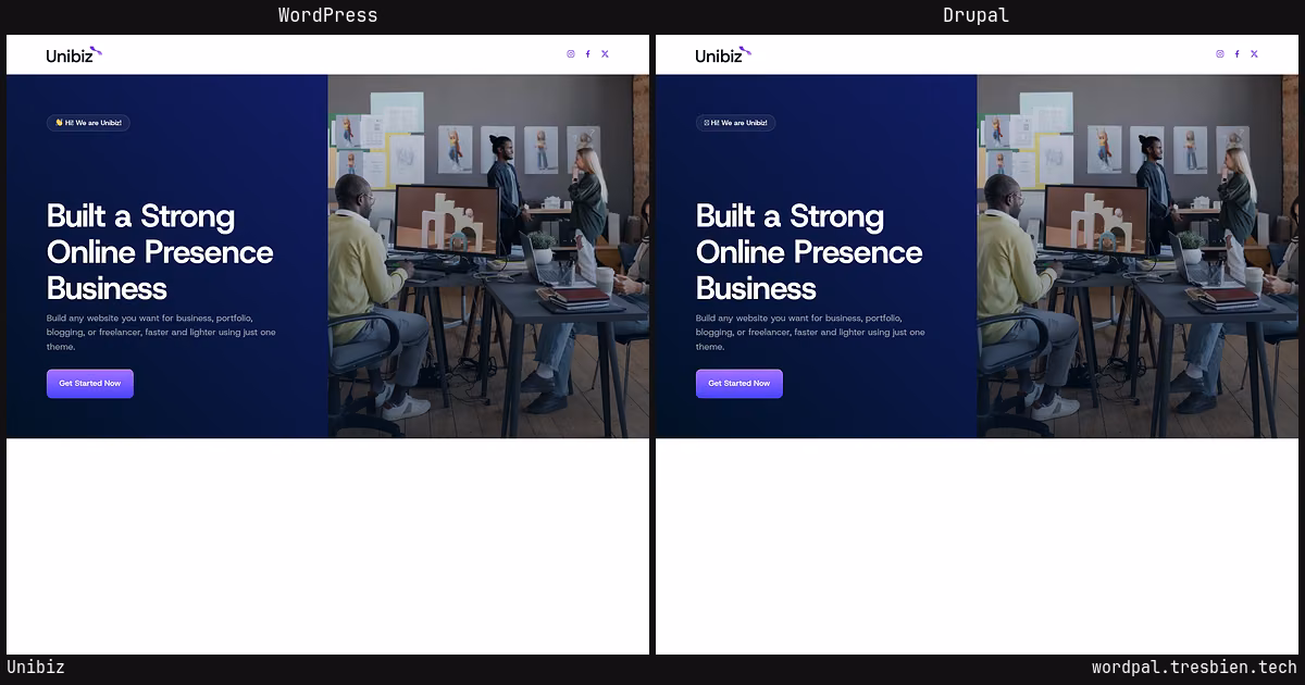 Unibiz home page: WordPress original on the left, Drupal conversion by WordPal on the right. 7 elements differ.