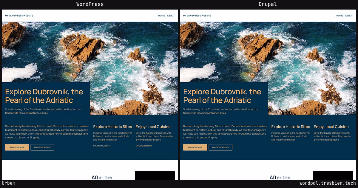 Urbem home page: WordPress original on the left, Drupal conversion by WordPal on the right. 3 elements differ.
