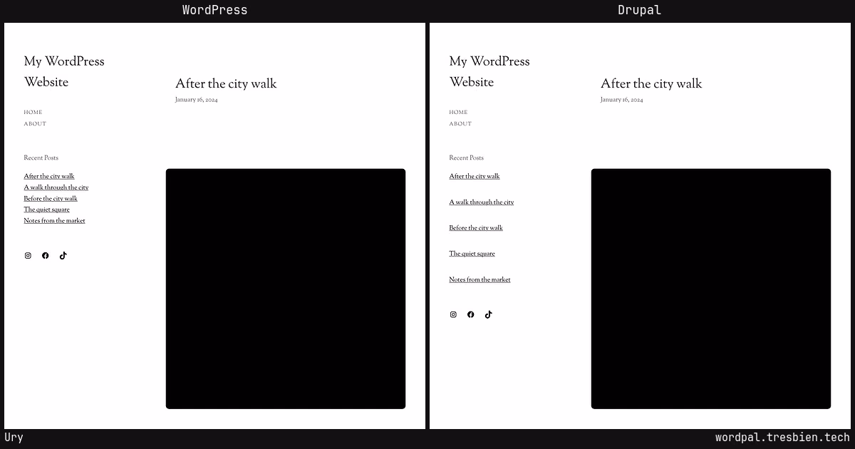 Ury home page: WordPress original on the left, Drupal conversion by WordPal on the right. 17 elements differ.