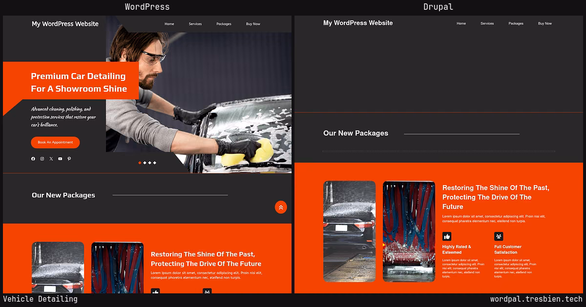 Vehicle Detailing home page: WordPress original on the left, Drupal conversion by WordPal on the right. 12 elements differ.