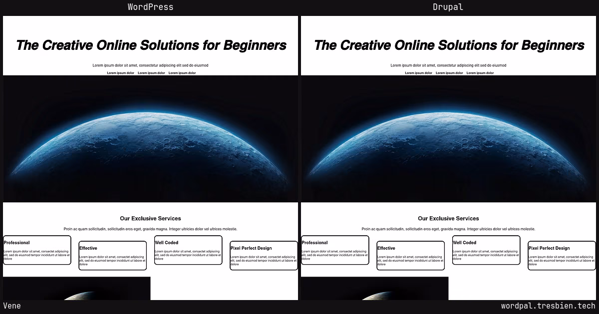 Vene home page: WordPress original on the left, Drupal conversion by WordPal on the right. 14 elements differ.