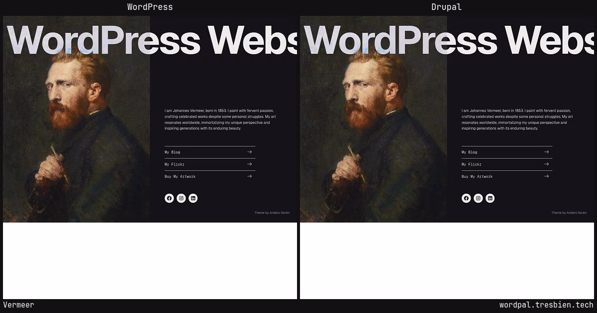 Vermeer home page: WordPress original on the left, Drupal conversion by WordPal on the right.