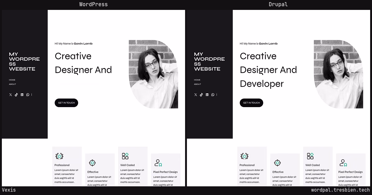 Vexis home page: WordPress original on the left, Drupal conversion by WordPal on the right. 22 elements differ.
