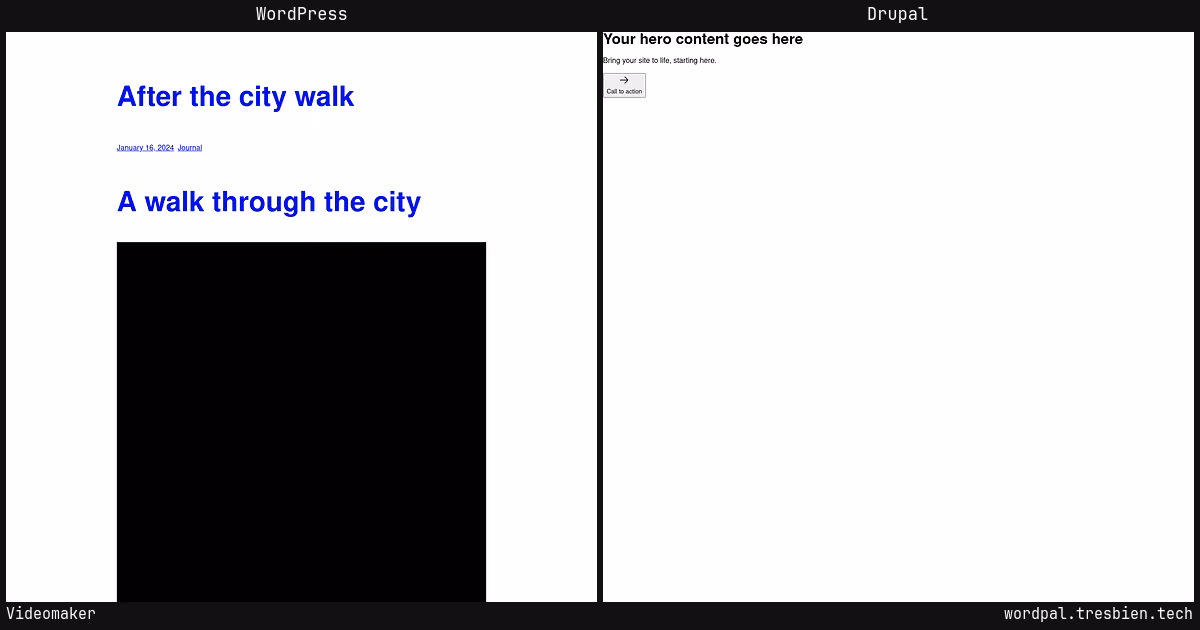 Videomaker home page: WordPress original on the left, Drupal conversion by WordPal on the right.