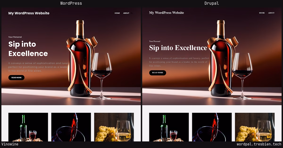 Vinowine home page: WordPress original on the left, Drupal conversion by WordPal on the right. 3 elements differ.