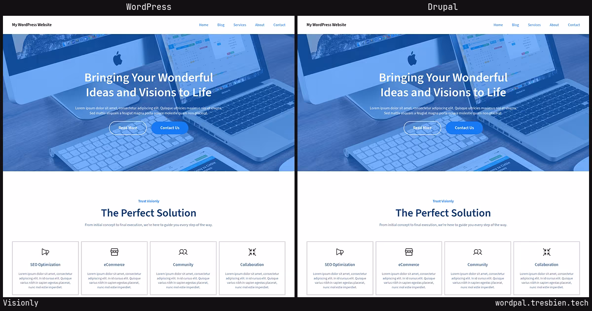 Visionly home page: WordPress original on the left, Drupal conversion by WordPal on the right. 1 elements differ.
