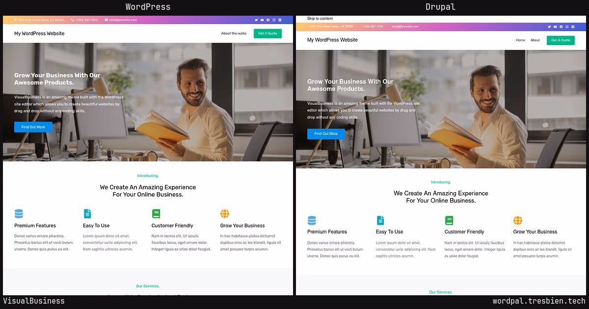 VisualBusiness home page: WordPress original on the left, Drupal conversion by WordPal on the right. 18 elements differ.