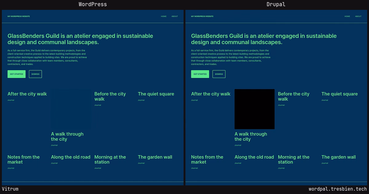 Vitrum home page: WordPress original on the left, Drupal conversion by WordPal on the right. 2 elements differ.