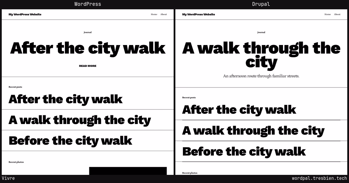Vivre home page: WordPress original on the left, Drupal conversion by WordPal on the right. 5 elements differ.