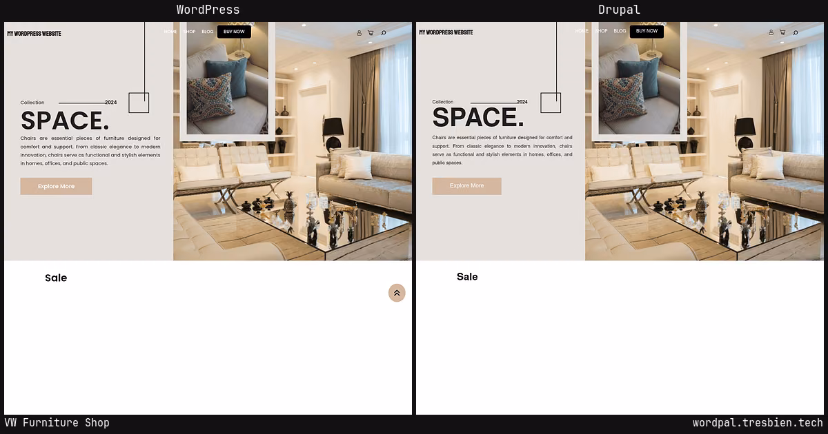 VW Furniture Shop home page: WordPress original on the left, Drupal conversion by WordPal on the right. 8 elements differ.