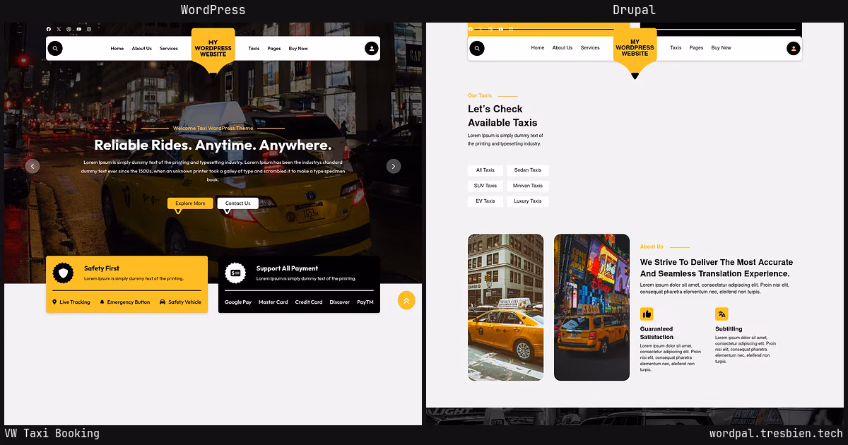 VW Taxi Booking home page: WordPress original on the left, Drupal conversion by WordPal on the right. 42 elements differ.