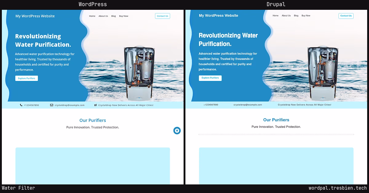 Water Filter home page: WordPress original on the left, Drupal conversion by WordPal on the right. 12 elements differ.