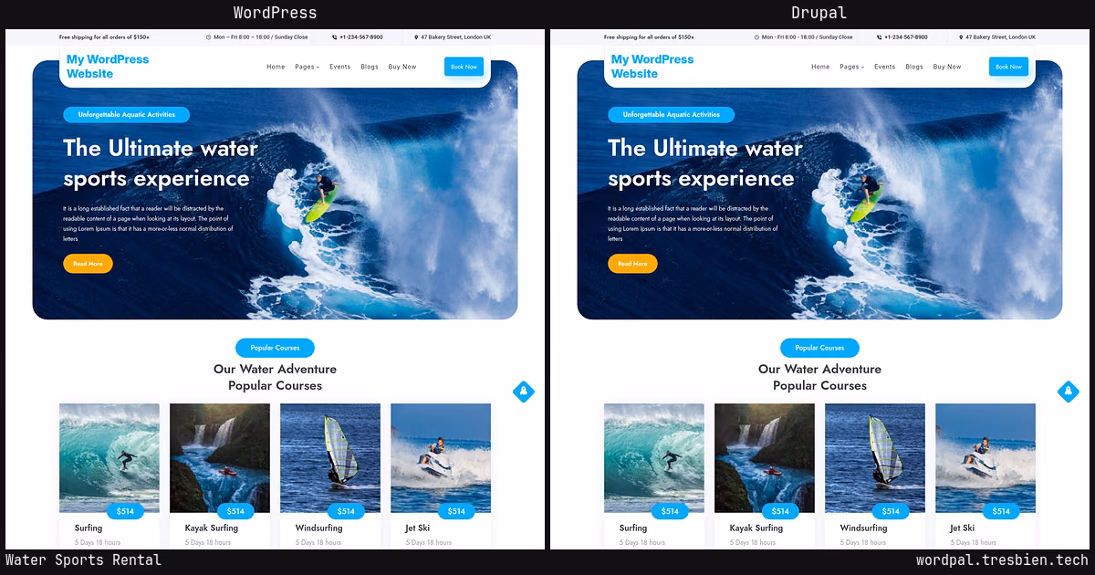 Water Sports Rental home page: WordPress original on the left, Drupal conversion by WordPal on the right. 2 elements differ.