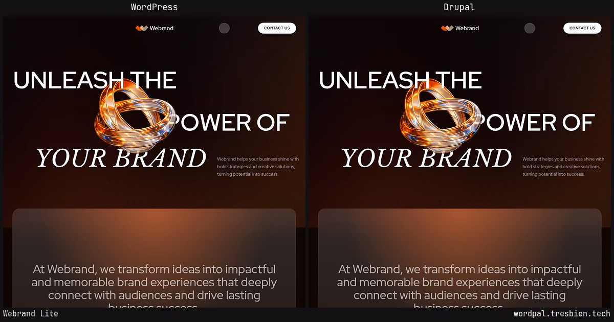 Webrand Lite home page: WordPress original on the left, Drupal conversion by WordPal on the right. 7 elements differ.