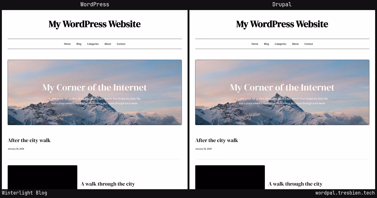 Winterlight Blog home page: WordPress original on the left, Drupal conversion by WordPal on the right.