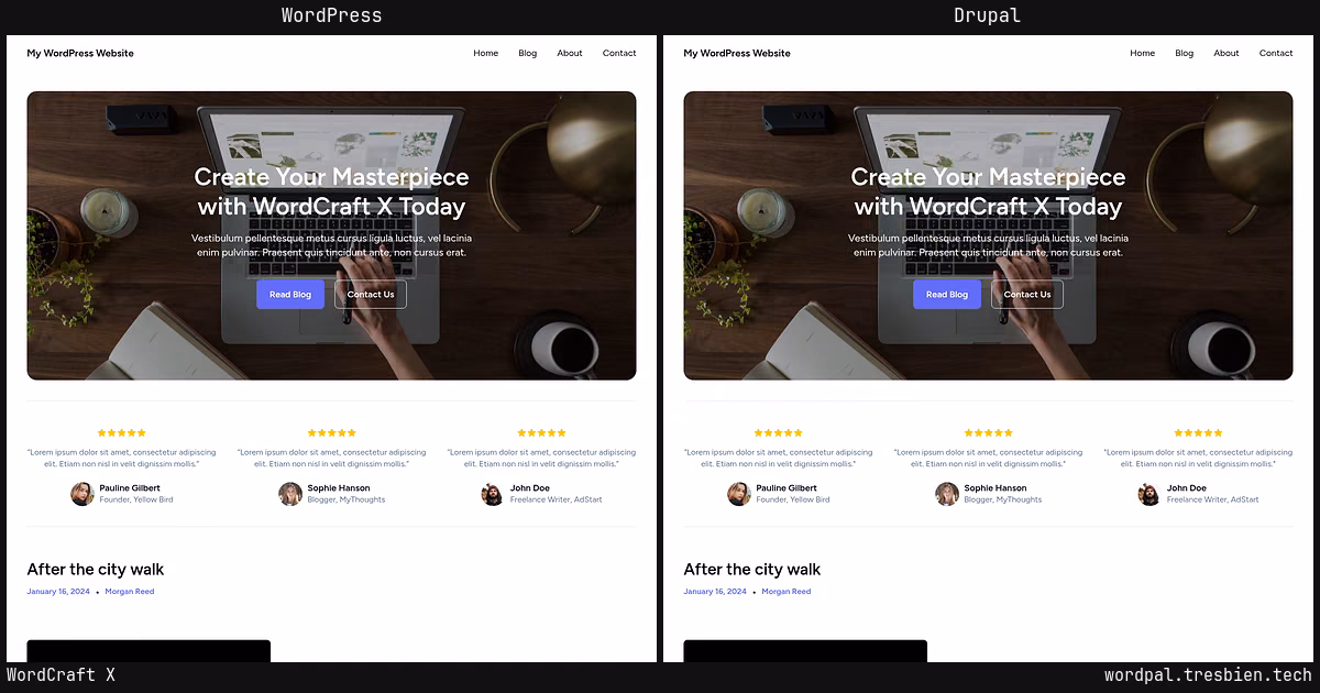 WordCraft X home page: WordPress original on the left, Drupal conversion by WordPal on the right. 3 elements differ.