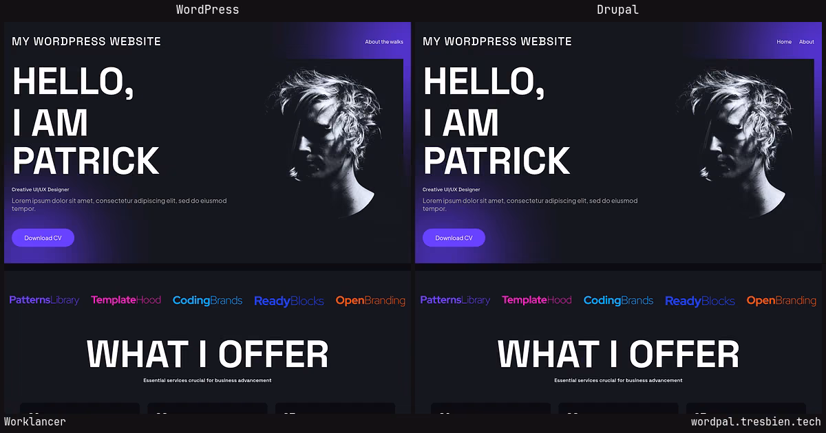 Worklancer home page: WordPress original on the left, Drupal conversion by WordPal on the right. 15 elements differ.