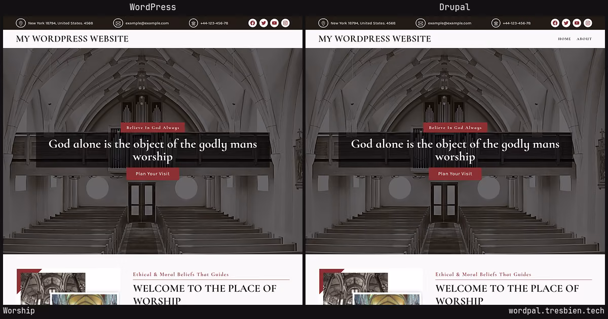 Worship home page: WordPress original on the left, Drupal conversion by WordPal on the right.