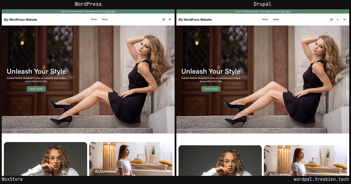 WoxStore home page: WordPress original on the left, Drupal conversion by WordPal on the right. 17 elements differ.