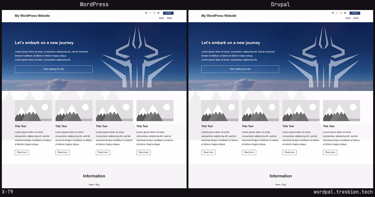 X-T9 home page: WordPress original on the left, Drupal conversion by WordPal on the right. 25 elements differ.