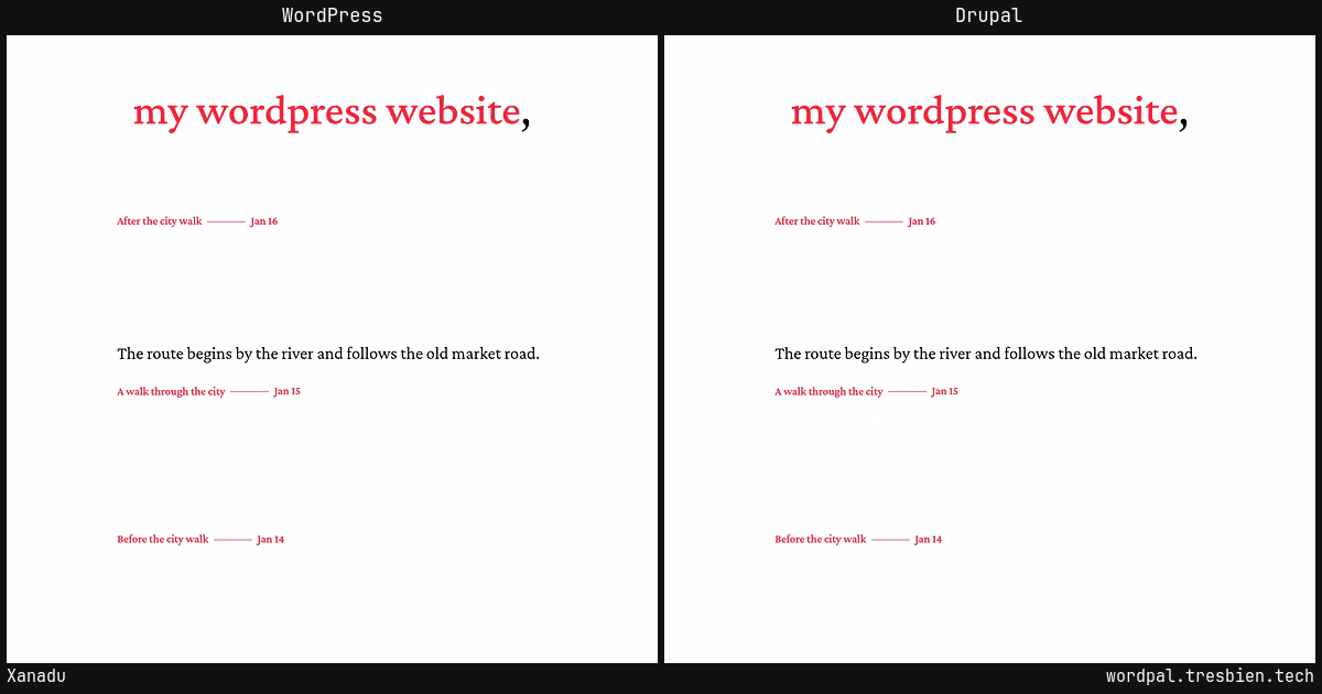 Xanadu home page: WordPress original on the left, Drupal conversion by WordPal on the right.