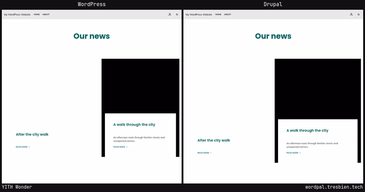 YITH Wonder home page: WordPress original on the left, Drupal conversion by WordPal on the right.