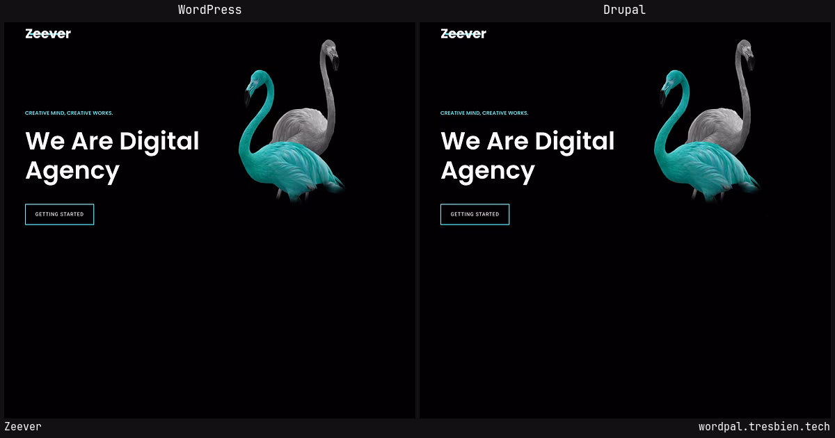 Zeever home page: WordPress original on the left, Drupal conversion by WordPal on the right. 7 elements differ.