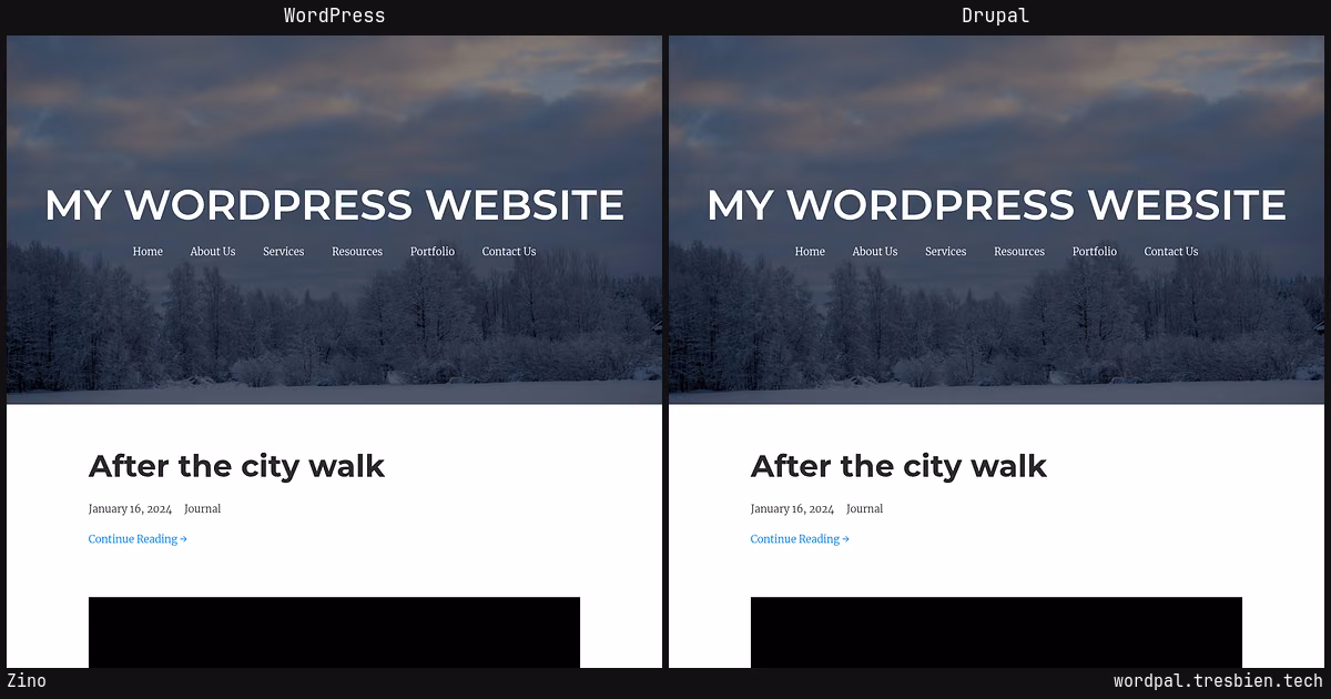 Zino home page: WordPress original on the left, Drupal conversion by WordPal on the right.