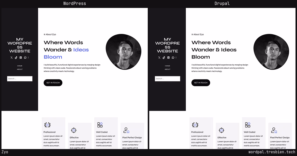 Zyo home page: WordPress original on the left, Drupal conversion by WordPal on the right. 20 elements differ.